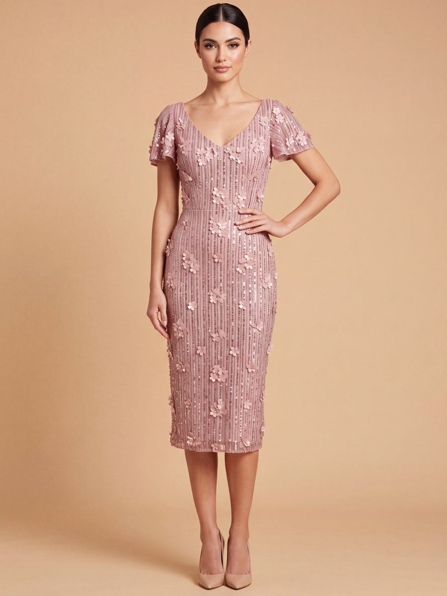 3D Floral Embellished Midi Dress with Cape Sleeves | 28851