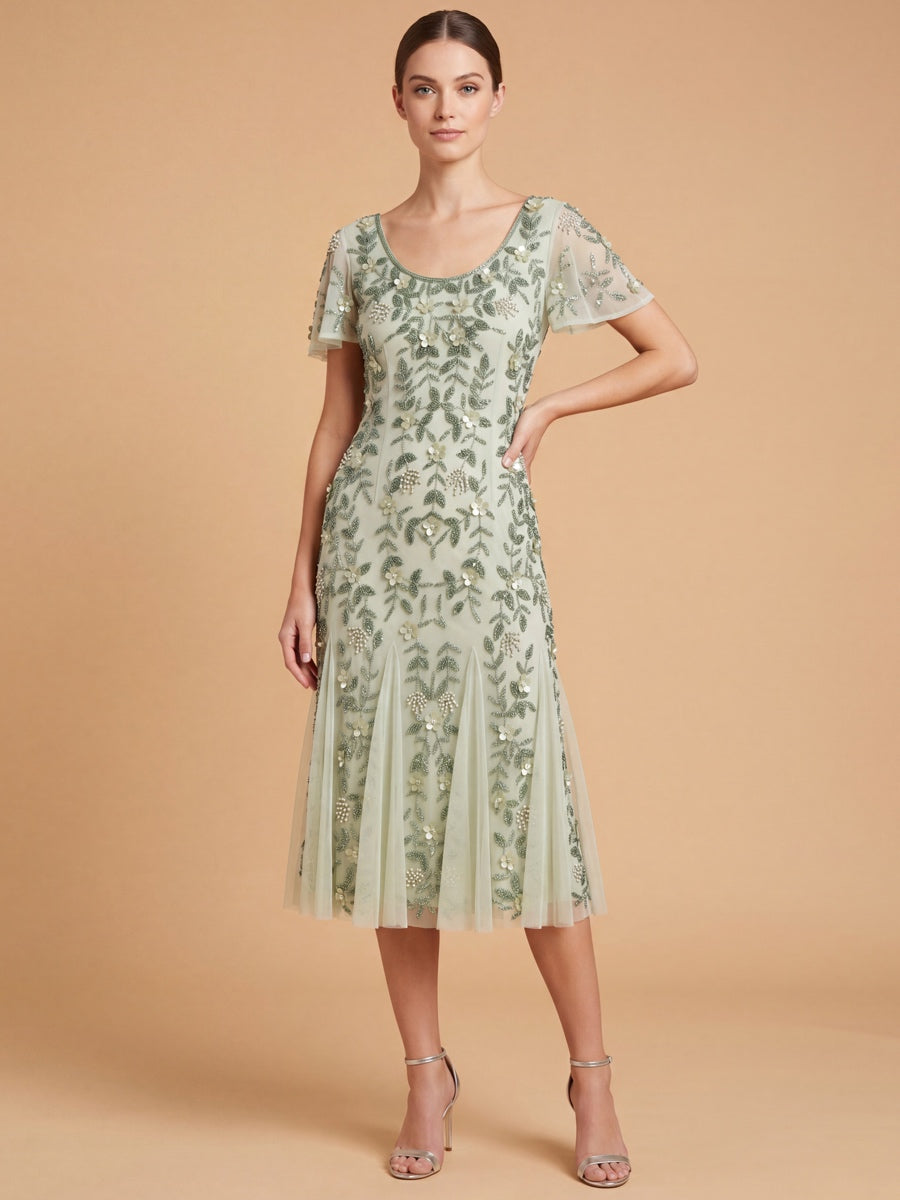 3D Floral Embellished Midi Dress with Cape Sleeves | 28853