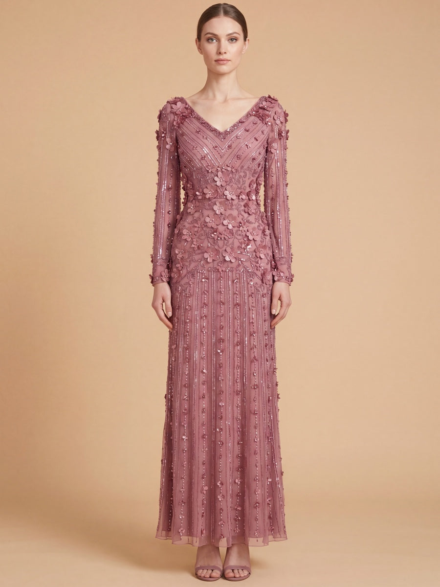 3D Floral Embellished Long Sleeve Gown | 28854