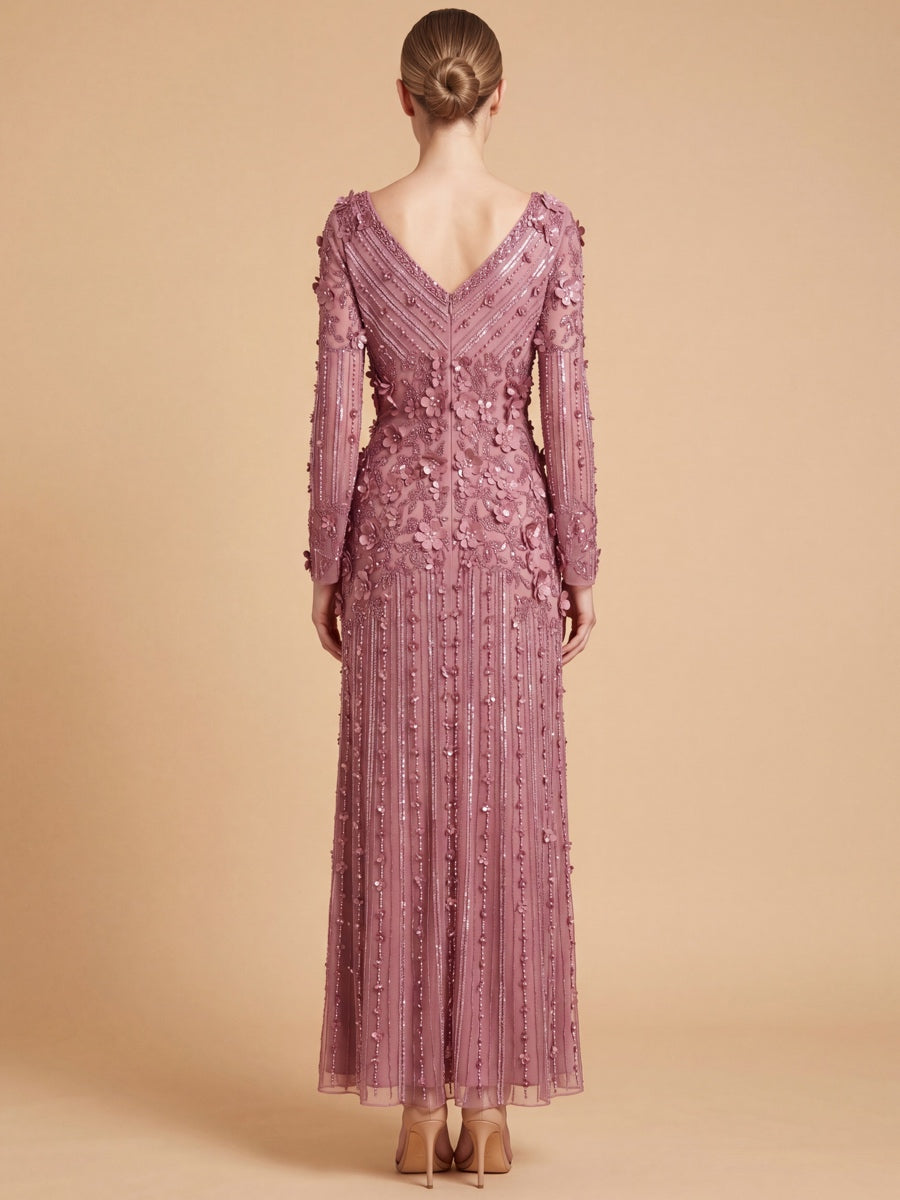 3D Floral Embellished Long Sleeve Gown | 28854