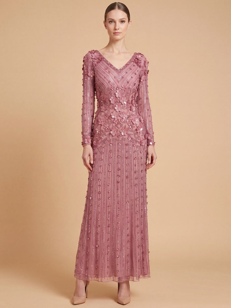 3D Floral Embellished Long Sleeve Gown | 28854