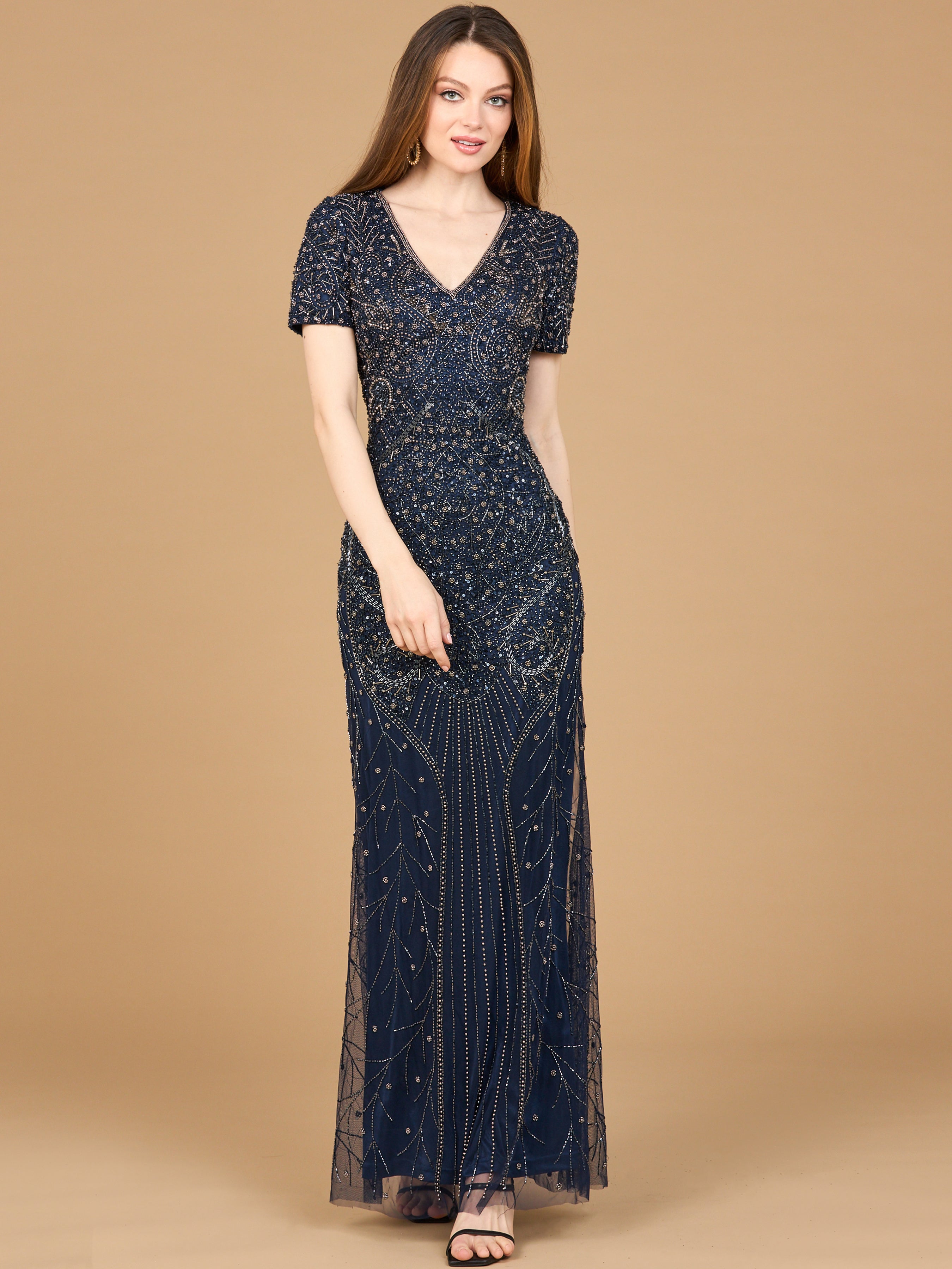 Short Sleeve Sheath Beaded Gown 28864