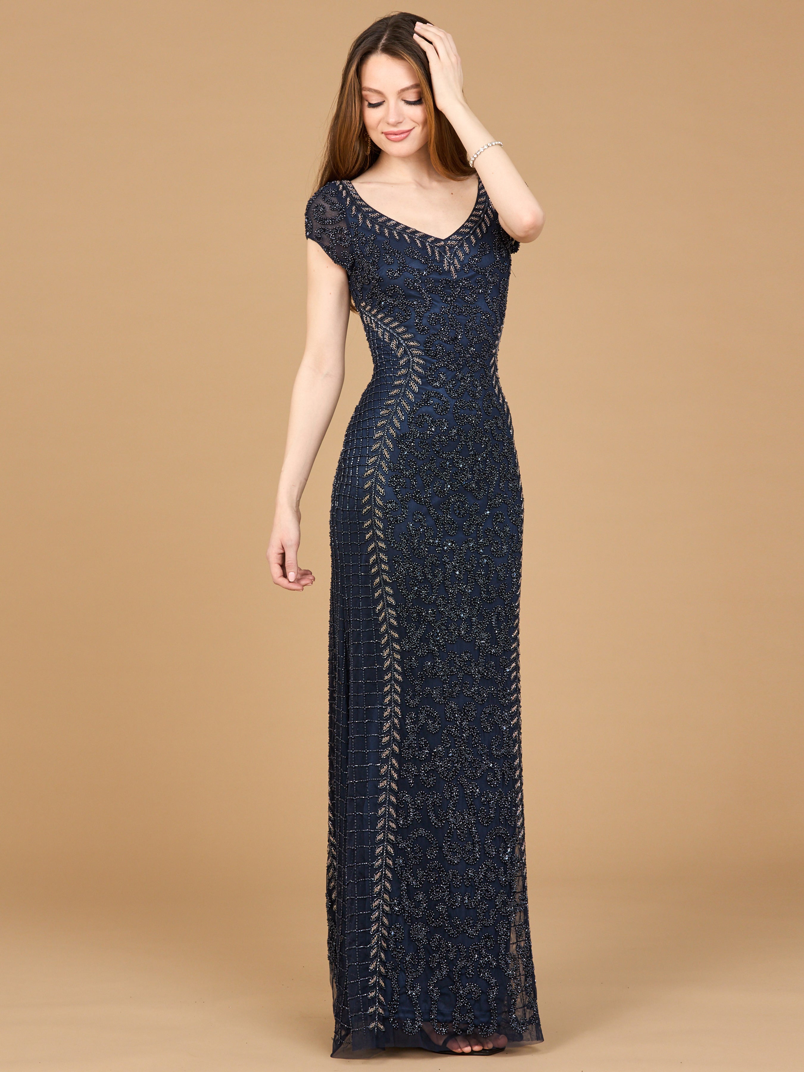 Beaded Mermaid Cap Sleeve Gown 28866