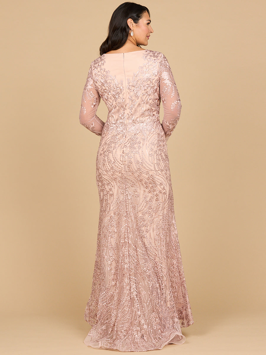 Lara 28883- Long Sleeve Gown with Overskirt & Illusion Neckline