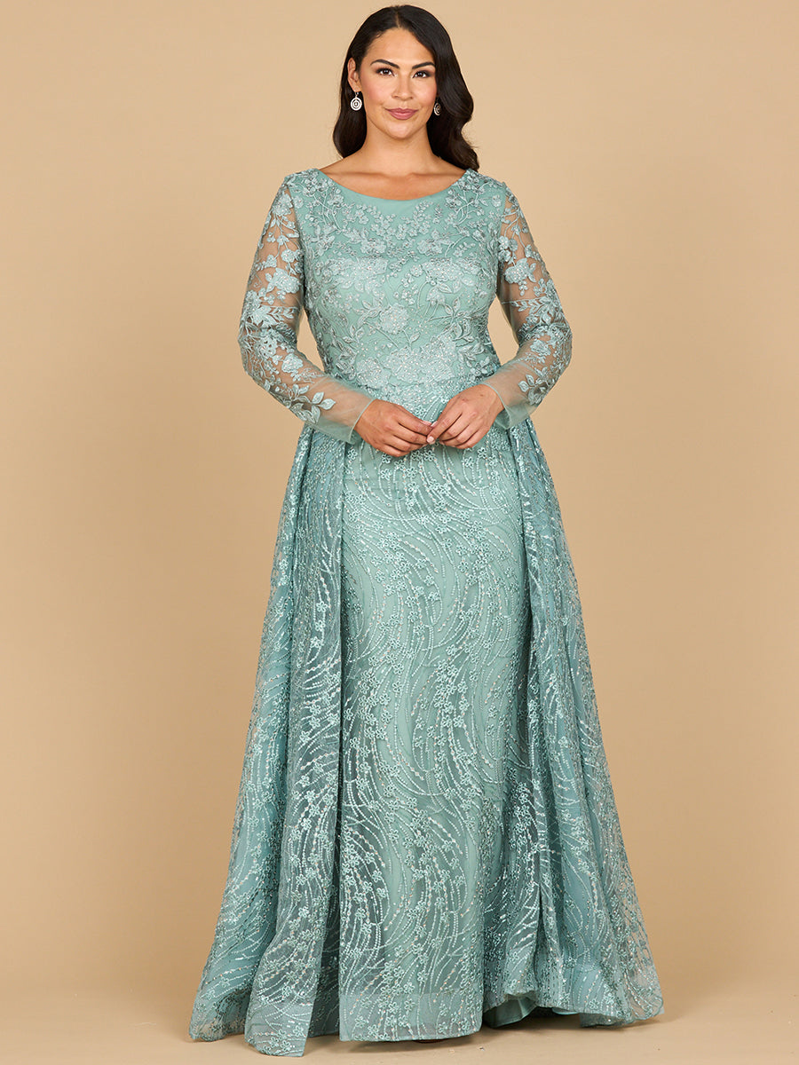 Lara 28883- Long Sleeve Gown with Overskirt & Illusion Neckline