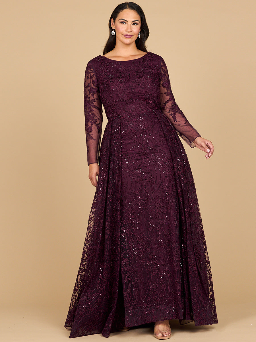 Lara 28883- Long Sleeve Gown with Overskirt & Illusion Neckline