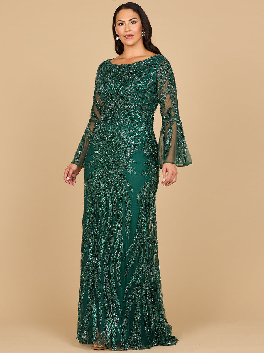 Lara 28887 - High Neck Beaded Dress with Bell Sleeves Dark Green / 4 Lara 28887 - High Neck Beaded Dress with Bell Sleeves Dark Green / 4