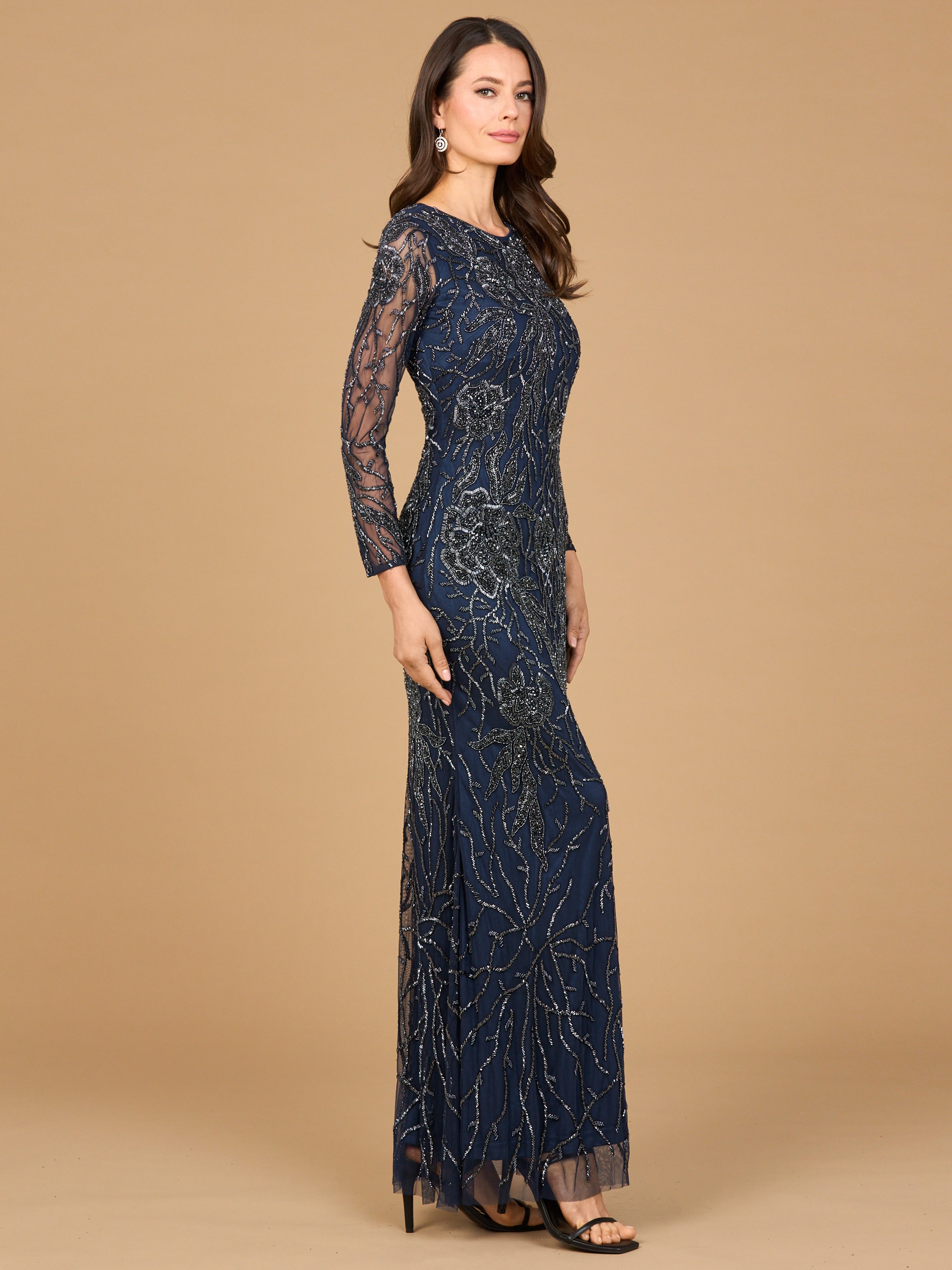 High Neck, Long Sleeve Beaded Gown 28889