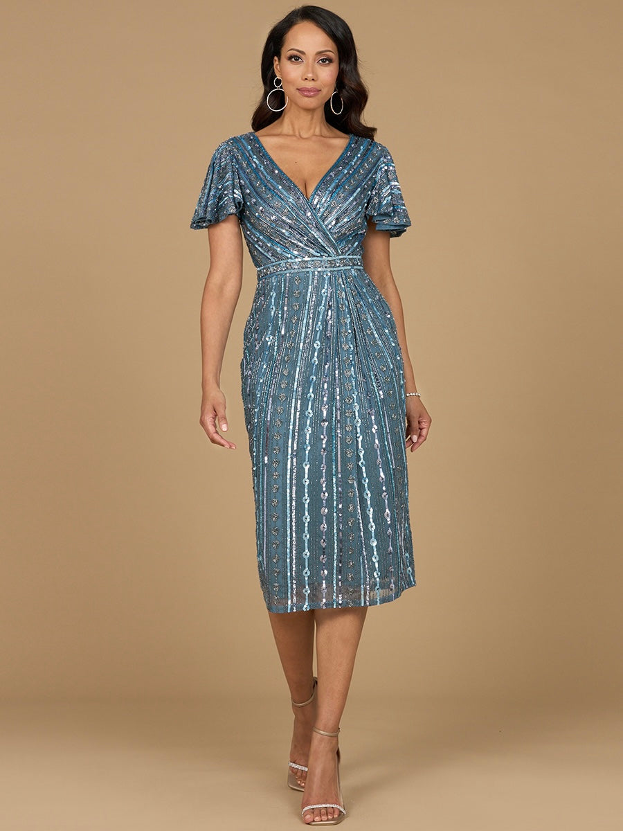 knee length dresses for ladies Beaded Midi Dress with Flutter Sleeves 28902