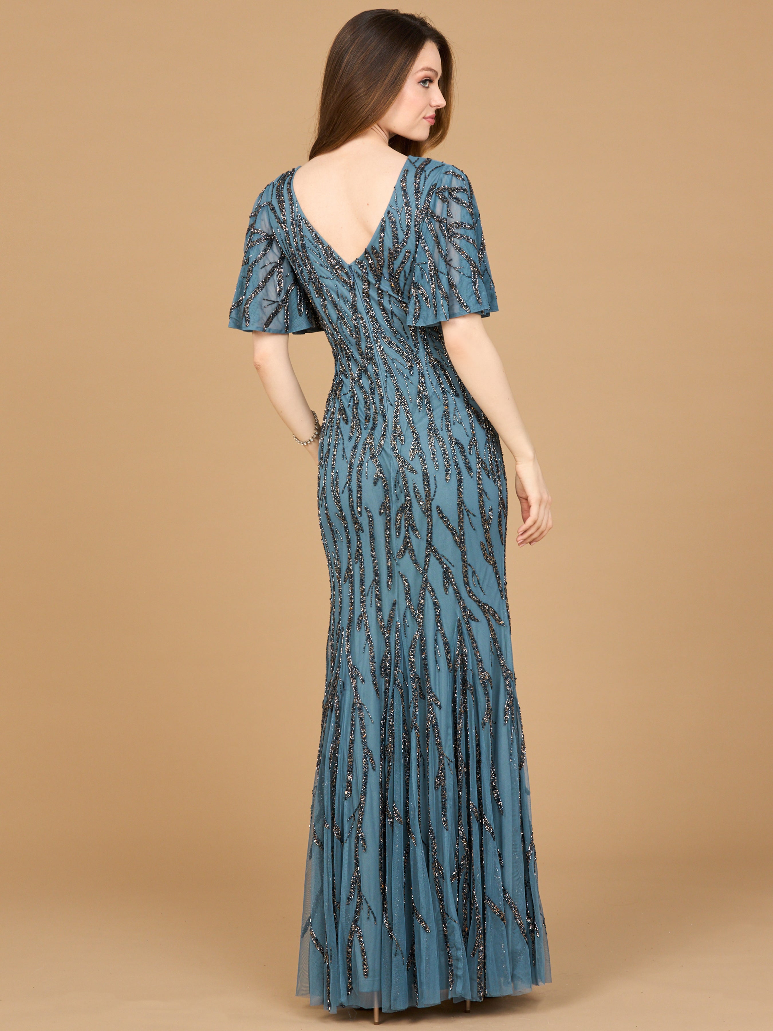 Beaded Gown with Flutter Sleeves 28903