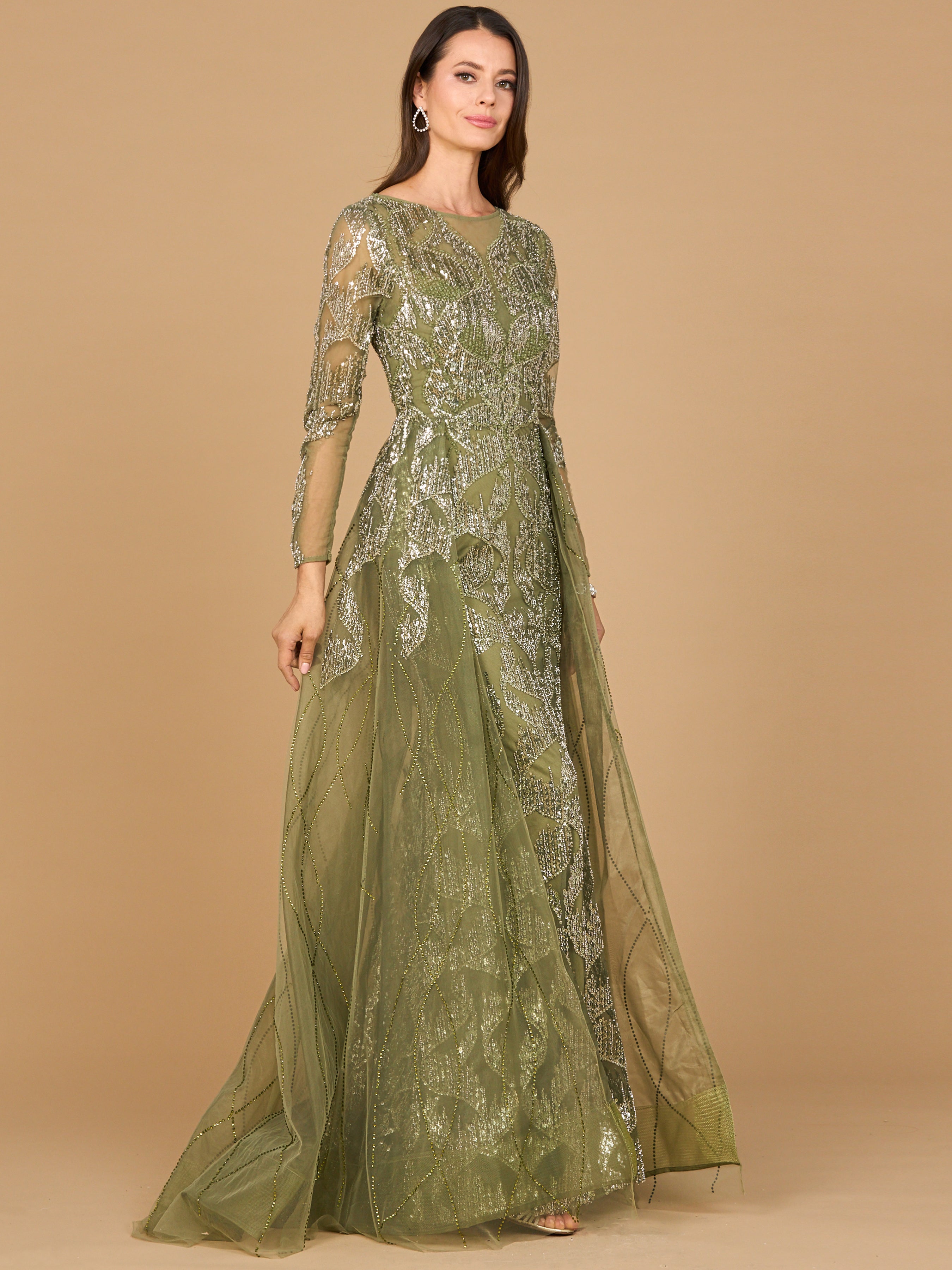 Long Sleeve Gown with Overskirt & High Neck 28933