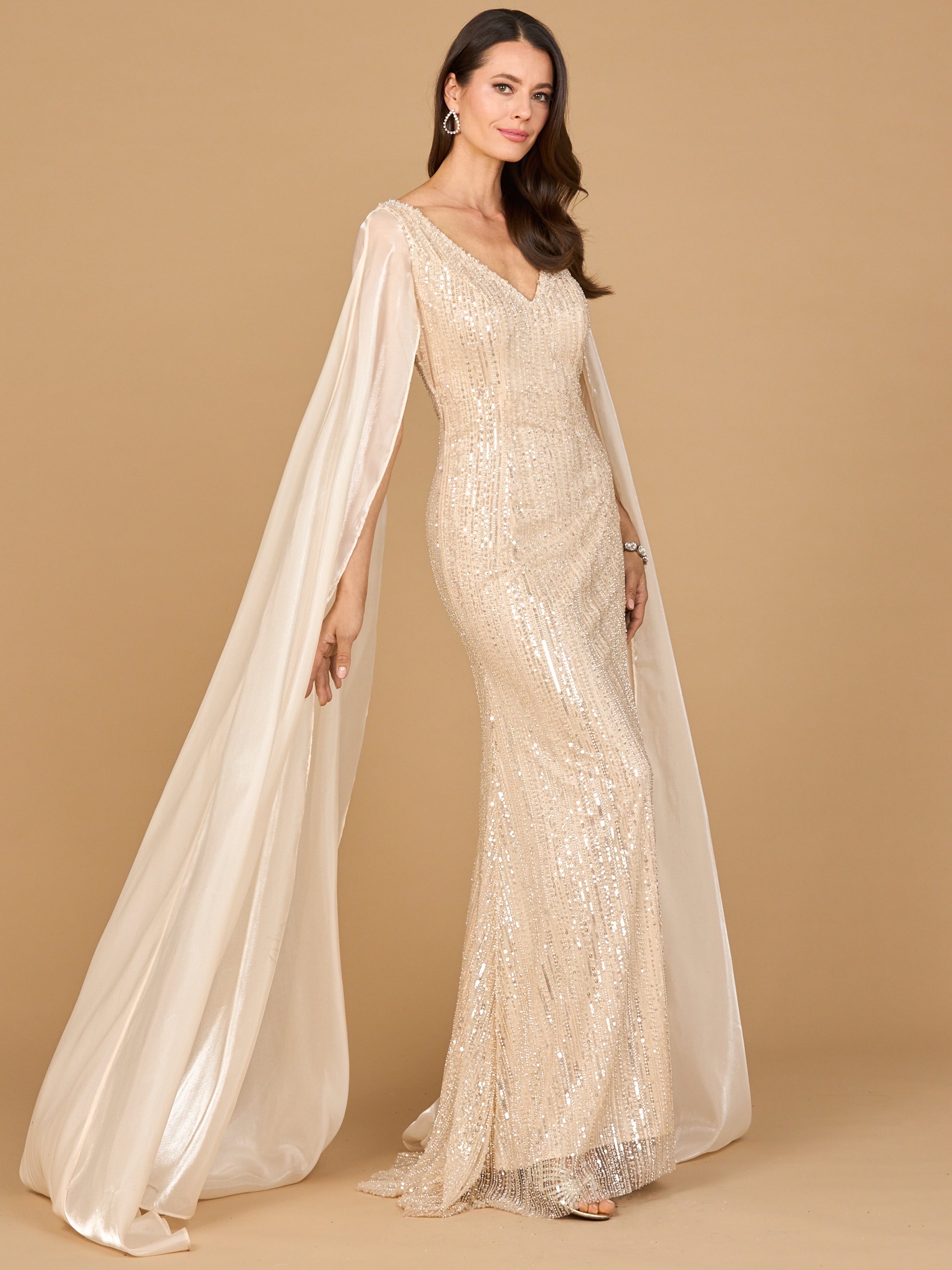 Beaded Gown with Satin Cape Sleeves 28942