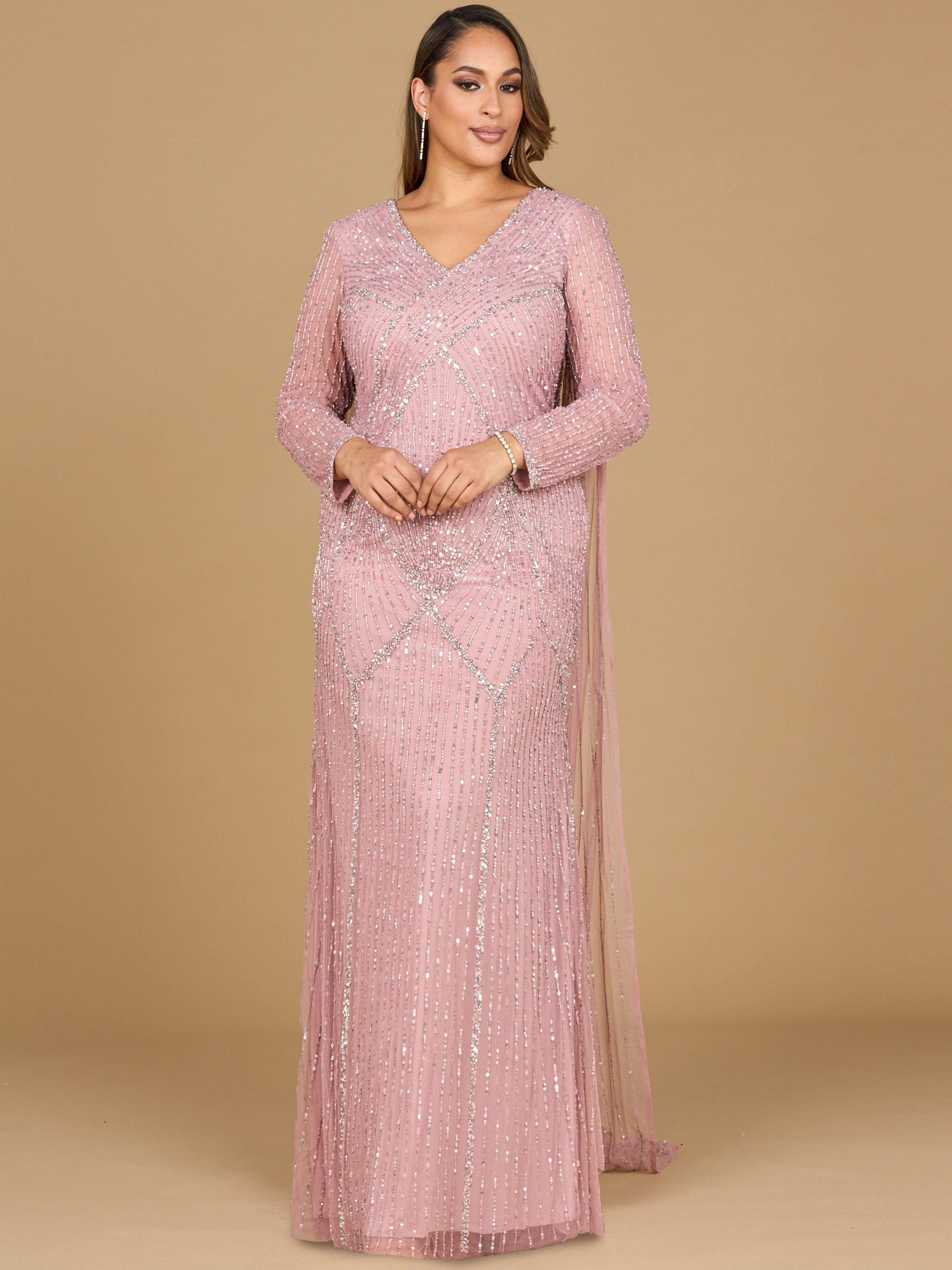 Long Sleeve Beaded Gown with Cape 28956