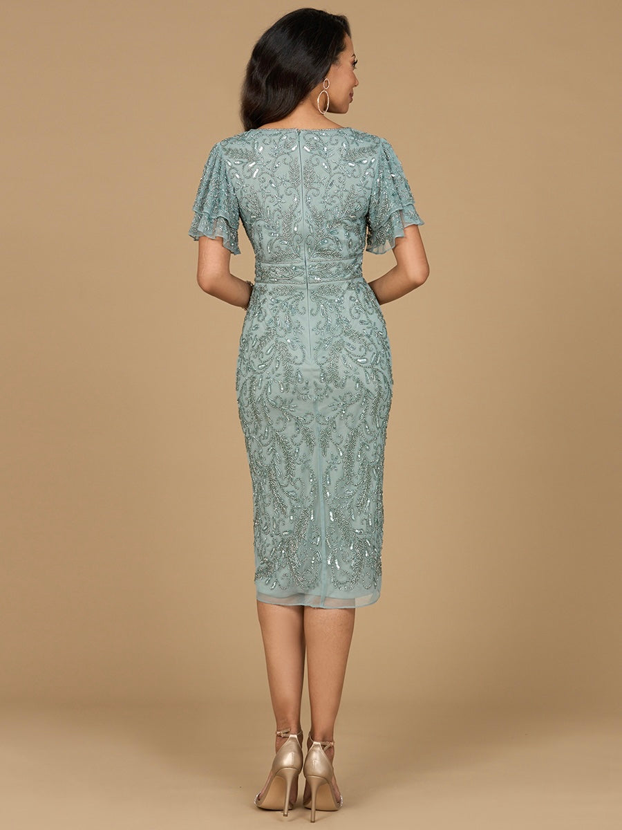 dusty sage midi dress Beaded Midi Dress with Cape Sleeves 28973