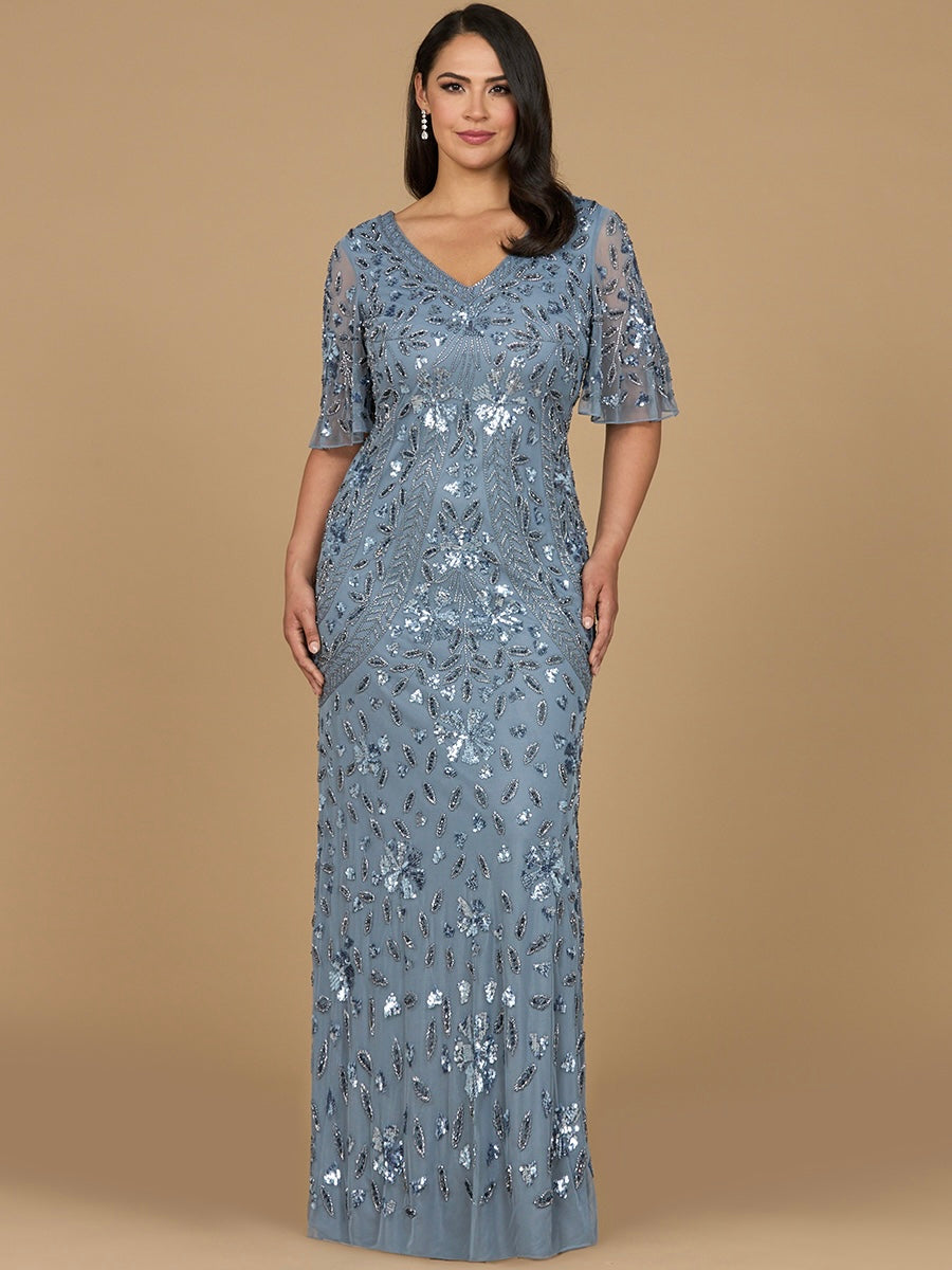 V-Neck, Cape Sleeve Beaded Gown 28975