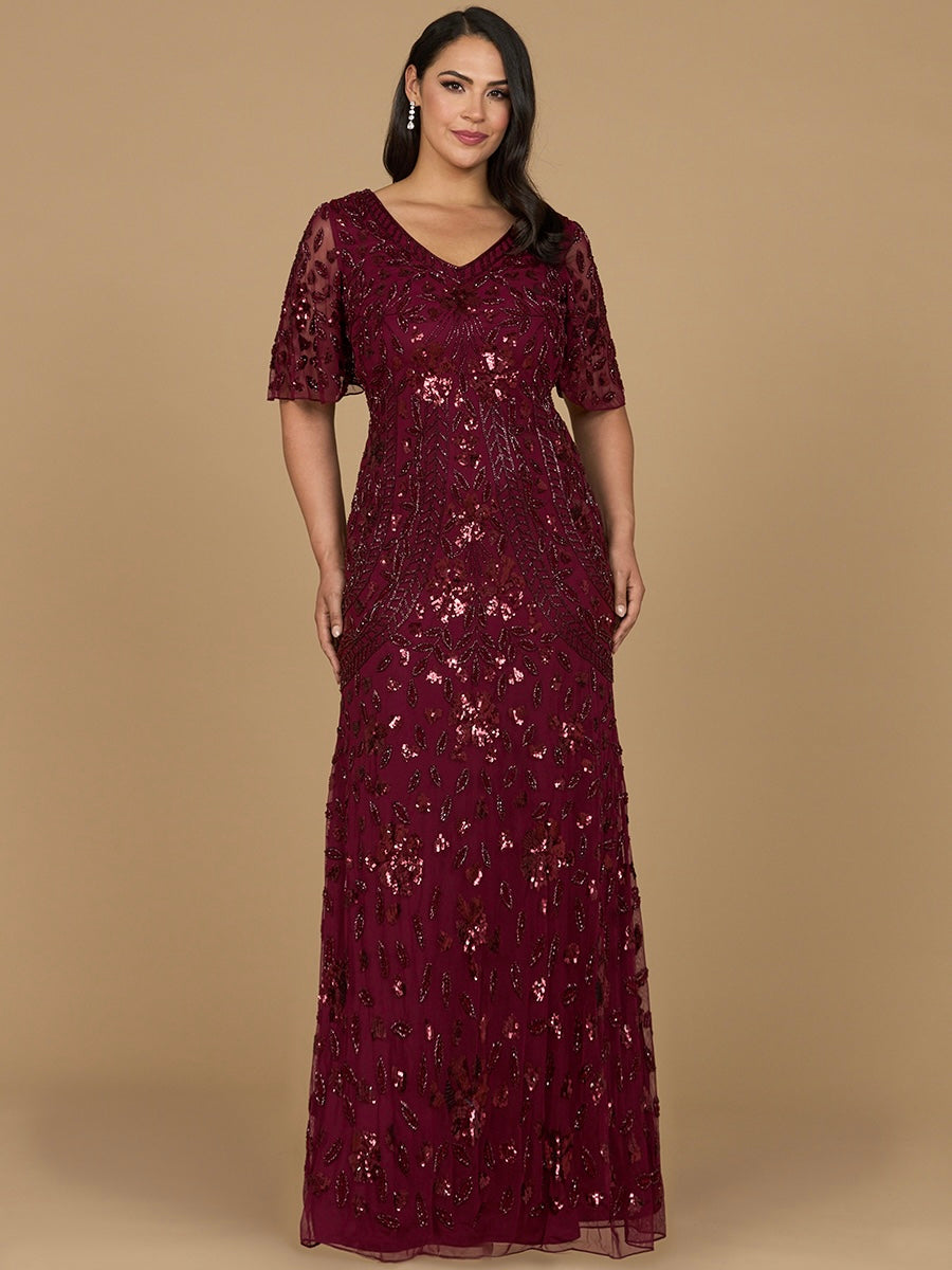 V-Neck, Cape Sleeve Beaded Gown 28975