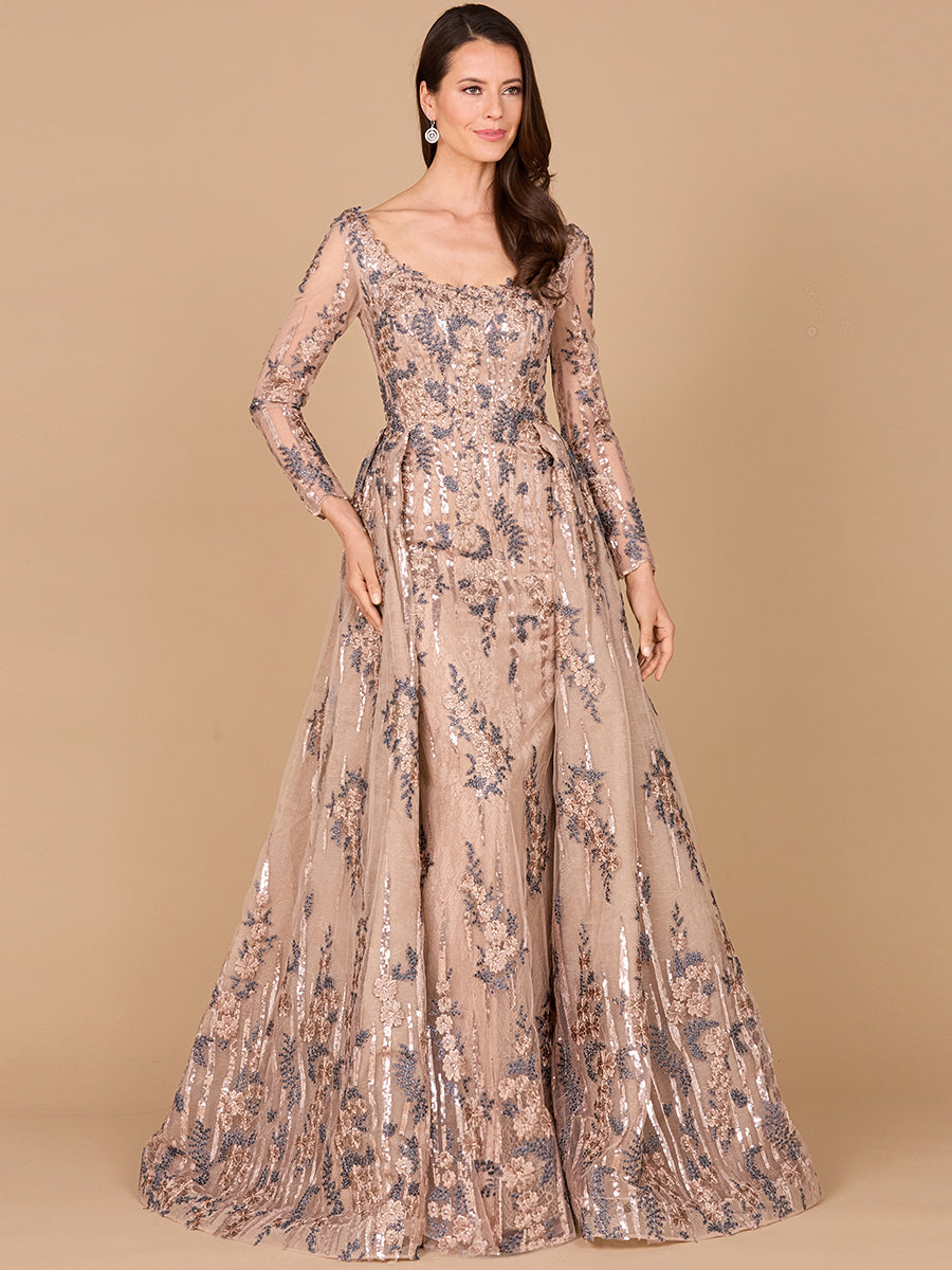 Long Sleeve Lace Gown with Overskirt 28990