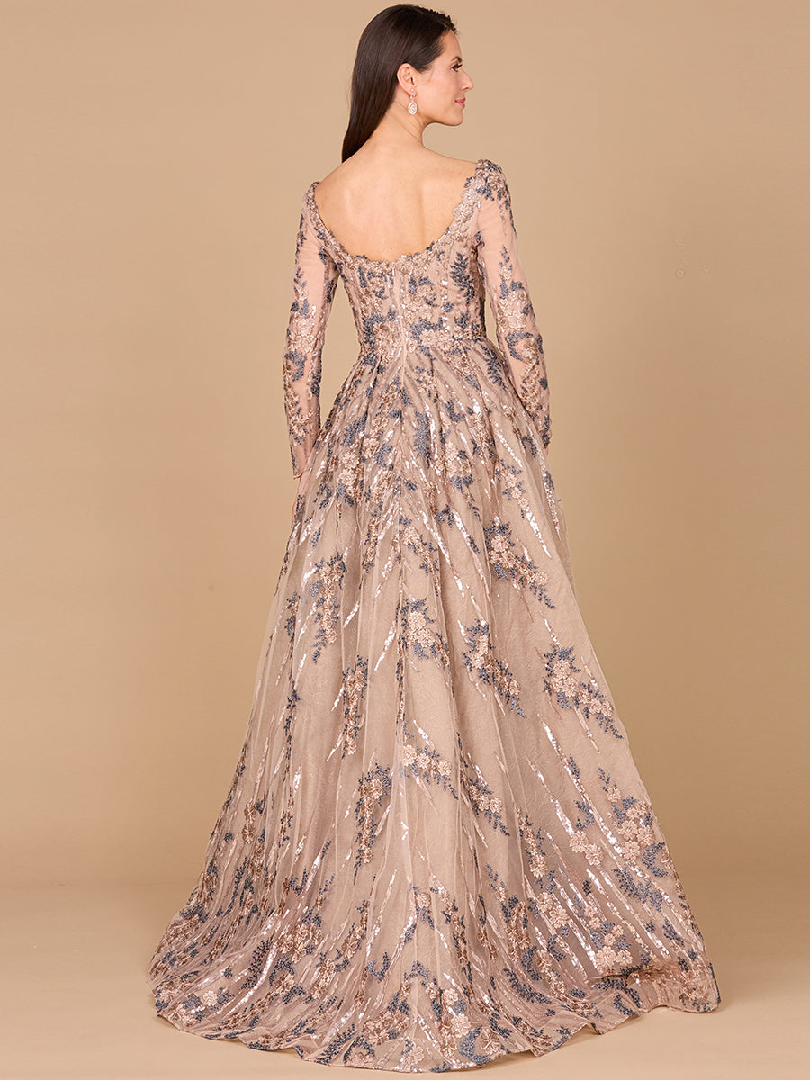 Long Sleeve Lace Gown with Overskirt 28990