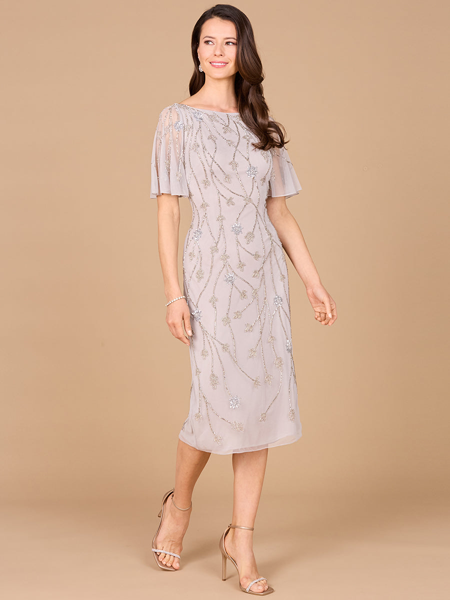Lara Women's Beaded Midi Dress with Cape Sleeves - Silver - 16 Lara Women's Beaded Midi Dress with Cape Sleeves - Silver - 16