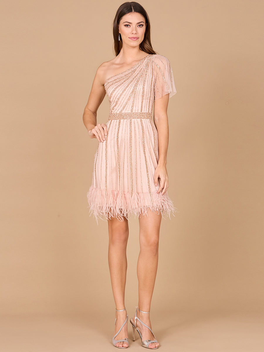 One Shoulder Cocktail Dress with Feathers 29014