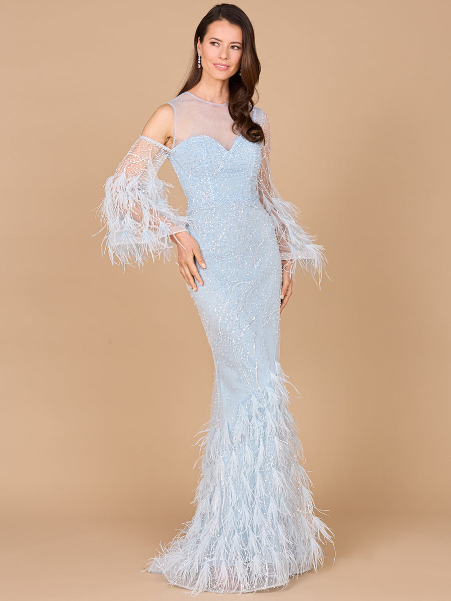 Cold Shoulder Mermaid Lace Gown with Feathers - OUTLET 29041