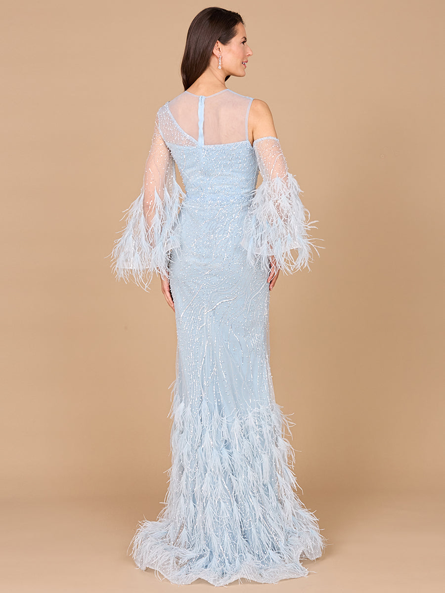 Cold Shoulder Mermaid Lace Gown with Feathers - OUTLET 29041