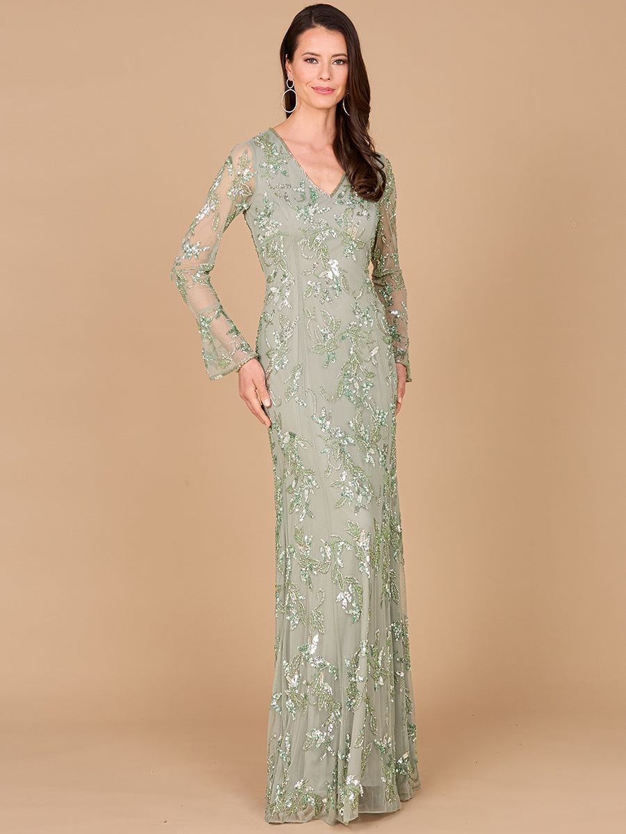 Beaded Dress with Sheer Long Sleeves 29085