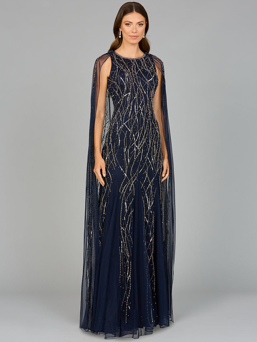 Elegant Beaded Dress with Long Cape Navy / 16 Elegant Beaded Dress with Long Cape Navy / 16