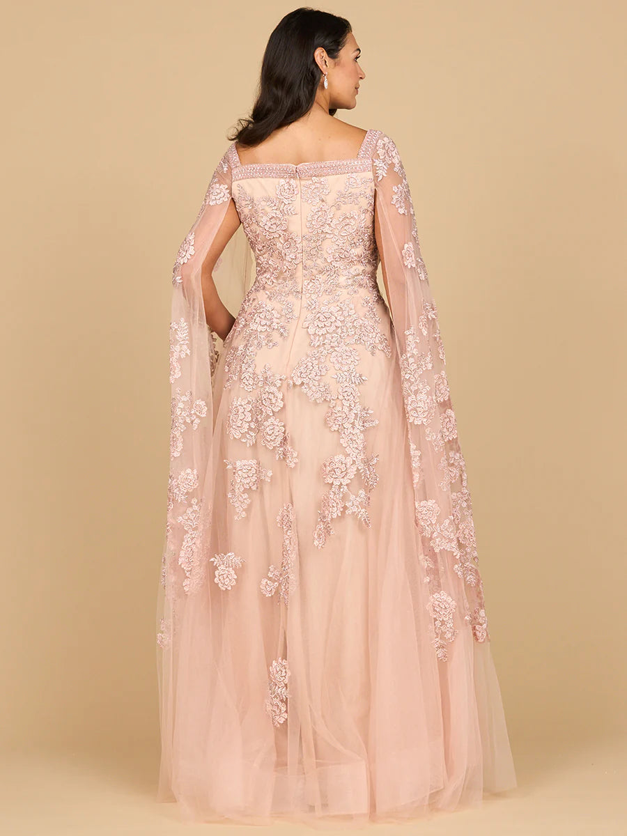 Lace Embroidered Gown with Long Cape Sleeves 29138