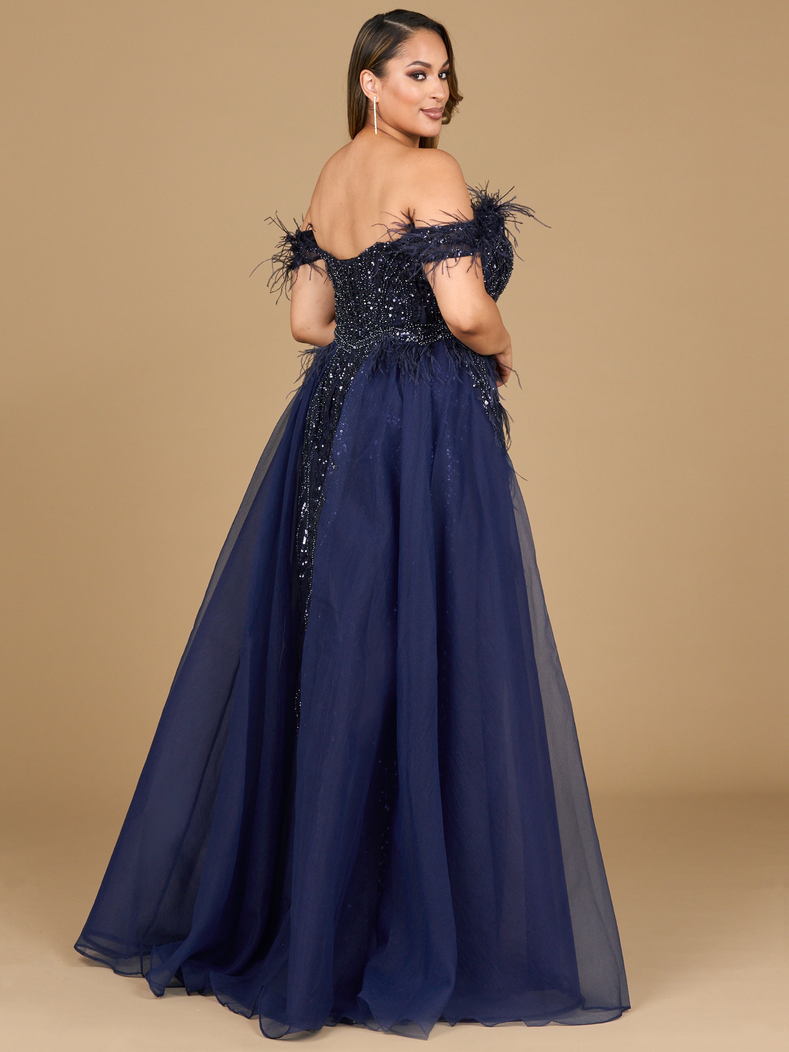 Off Shoulder Gown with Feathers 29161