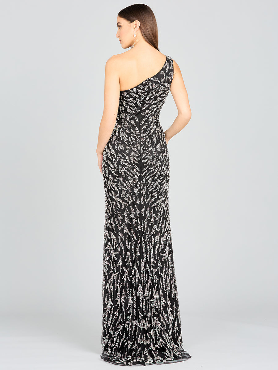 One-Shoulder Beaded Gown with High Slit 29170
