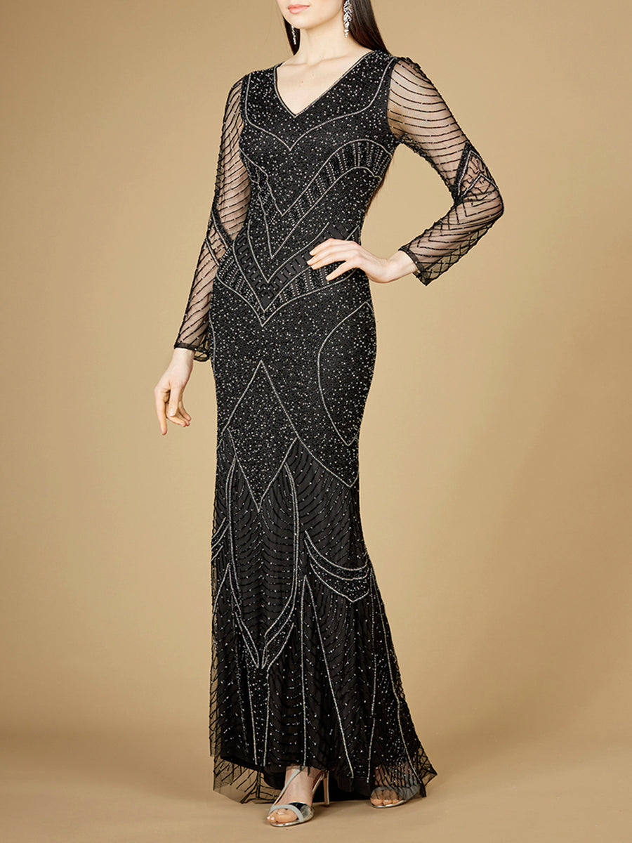 Lara Women's Long Sleeve Beaded Dresses with Sheer Sleeves - Black