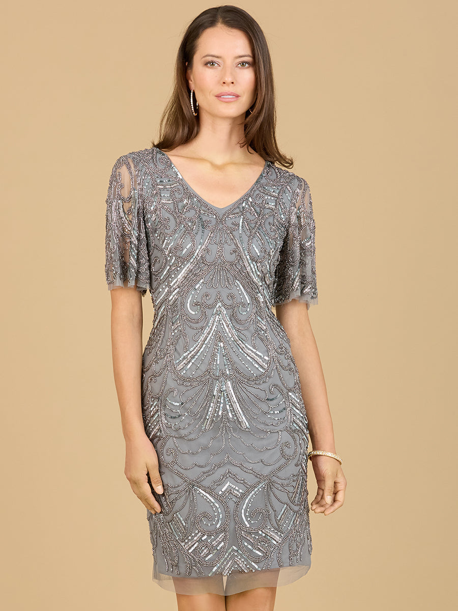Beaded Cocktail Dress with Short Sleeves  - OUTLET 29182