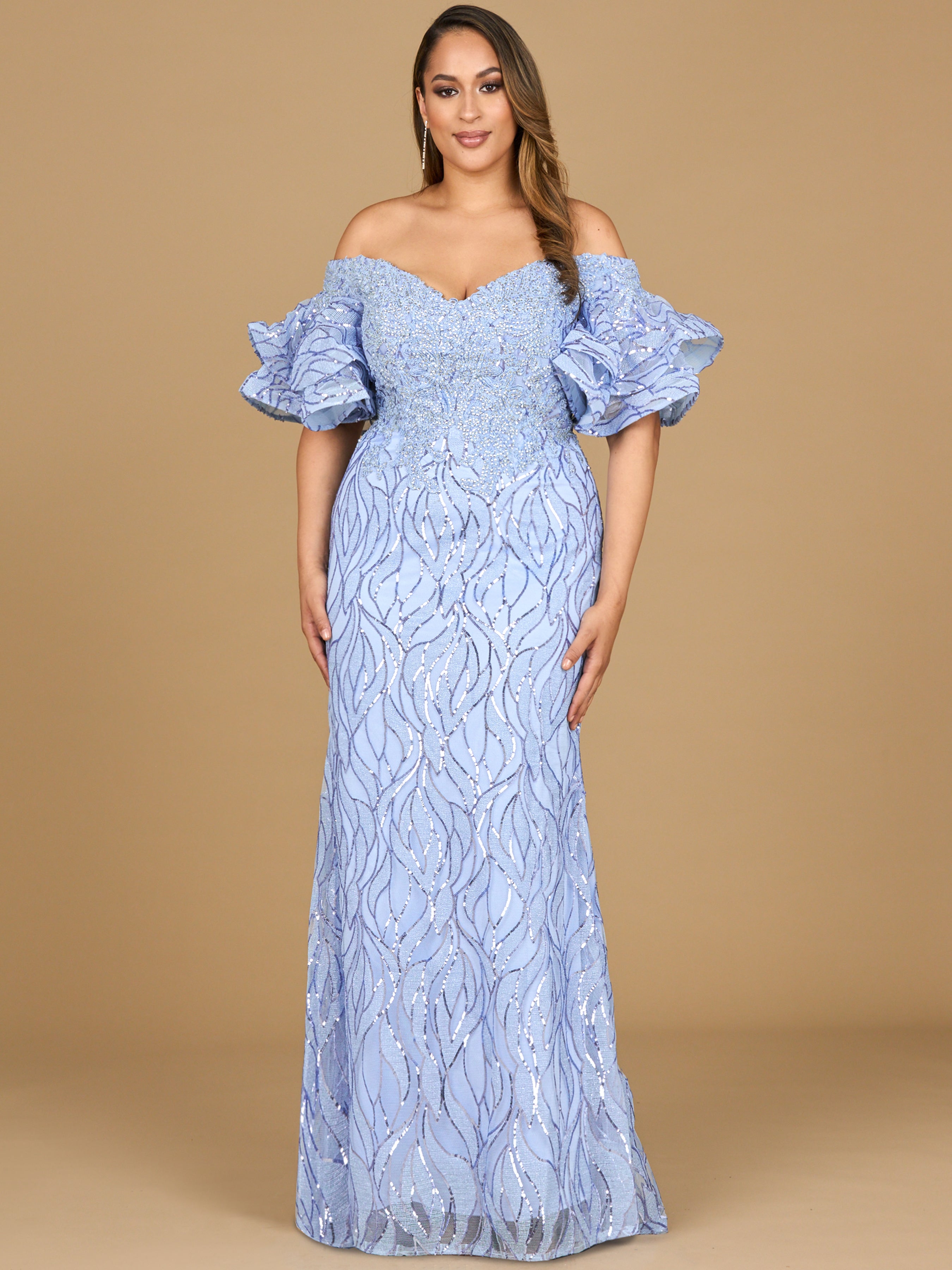 Off Shoulder Mermaid Beaded Gown with Tiered Sleeves 29190