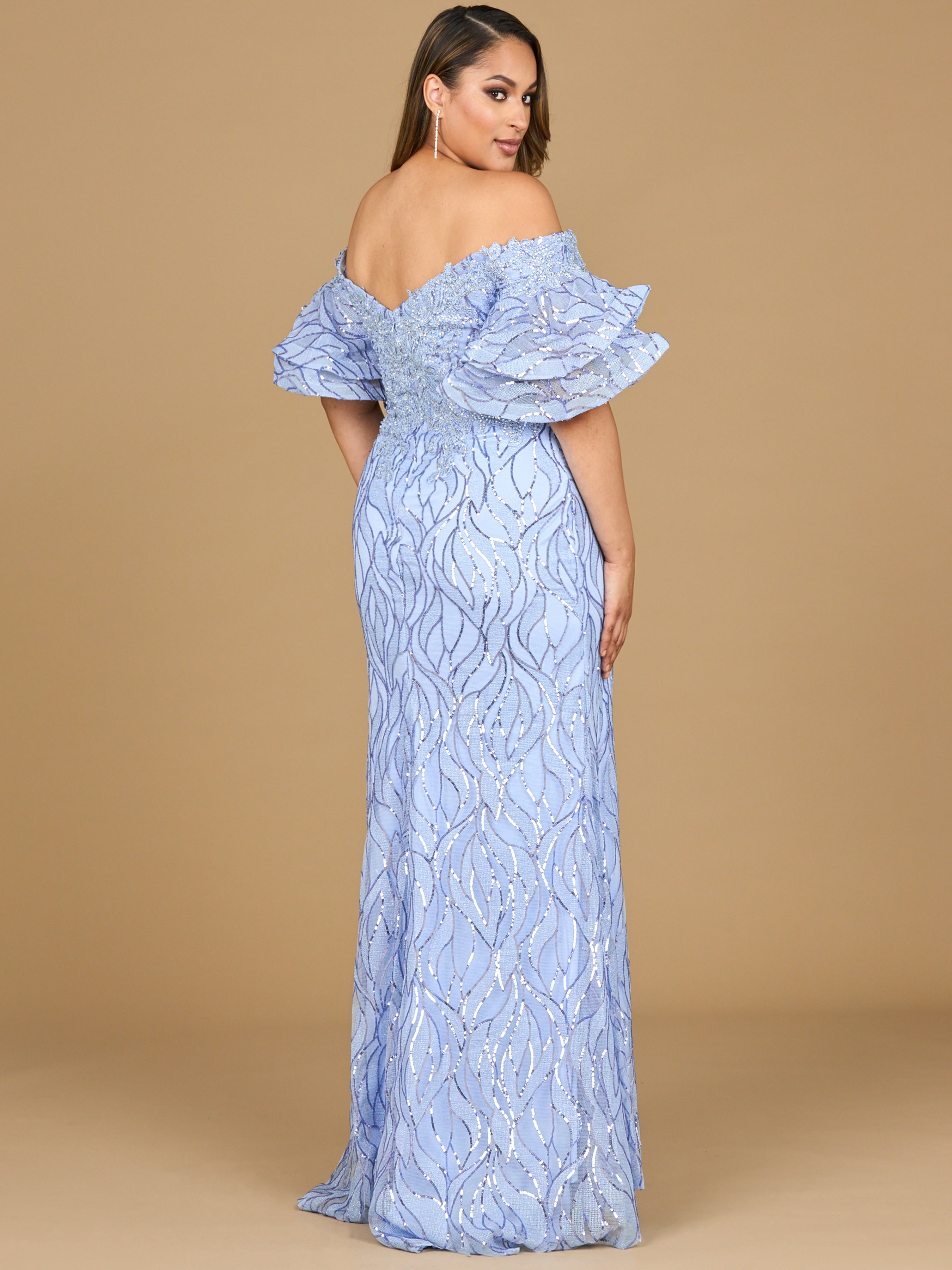 Off Shoulder Mermaid Beaded Gown with Tiered Sleeves 29190