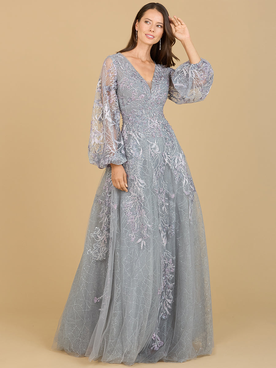 long fitted evening dresses Glitter-Print Long Prom Dress with Sheer Waist Smoky Blue / 4