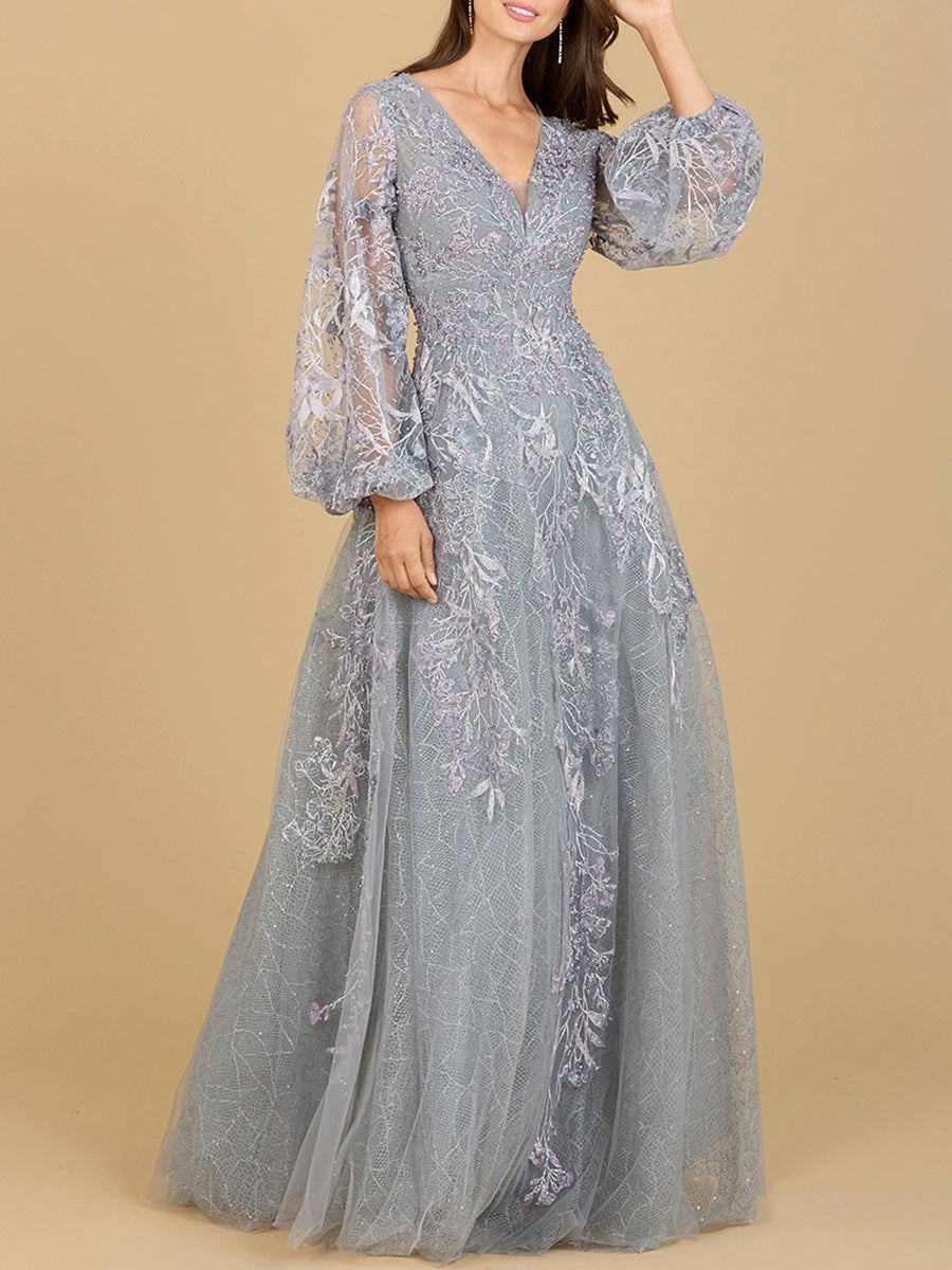 V Neckline Balloon Sleeve Gown 29195