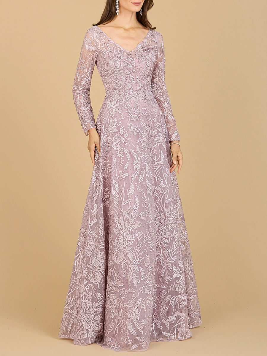 A-line Gown With Long Sleeves, V-Neckline 29200