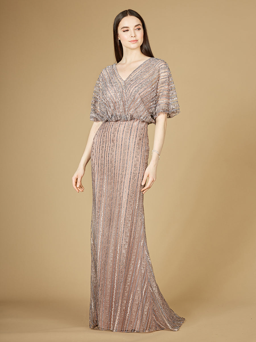 Cape Sleeve V-Neck Gown with Geometric Beading 29207