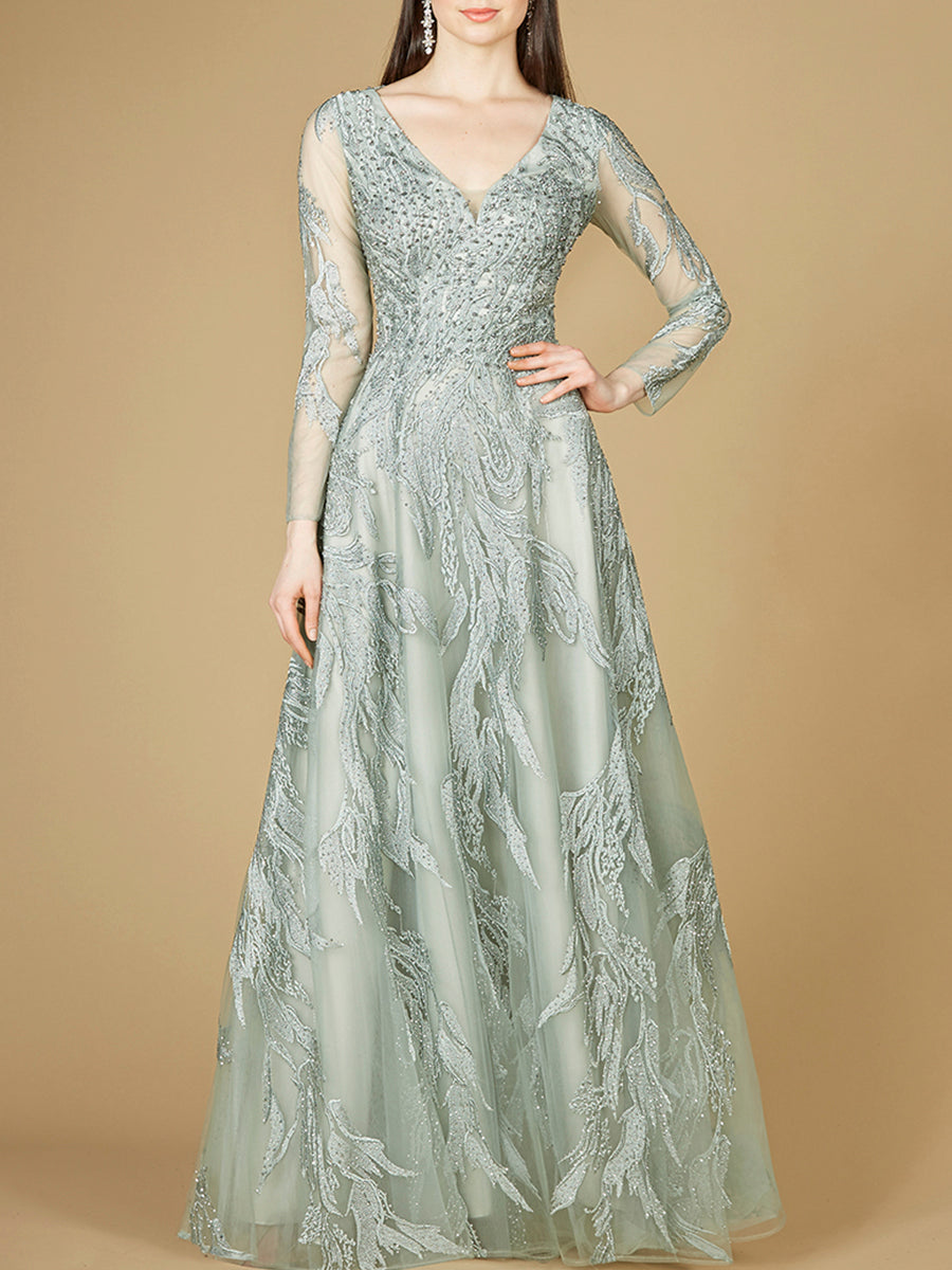 Long Sleeve Lace Ballgown with V-Neck 29209