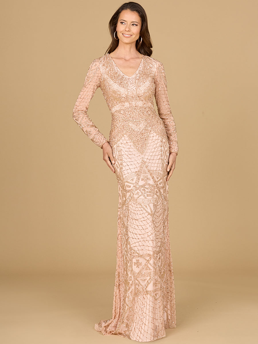Beaded Long Sleeve V-neck Gown 29054
