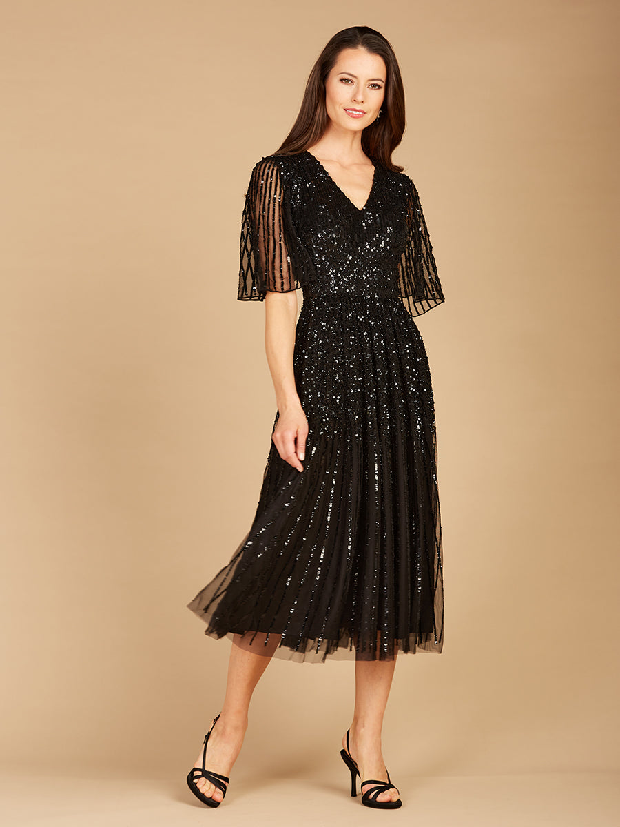 Flowing, Sequin Midi Dress with Short Sleeves 29221 Flowing, Sequin Midi Dress with Short Sleeves 29221