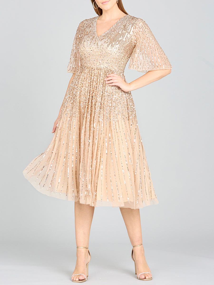 champagne sequin midi dress Flowing, Sequin Midi Dress with Short Sleeves 29221 4 / Periwinkle