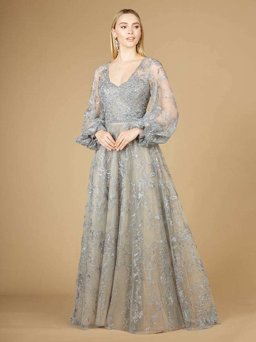 V Neckline Balloon Sleeve Gown Slate / 6