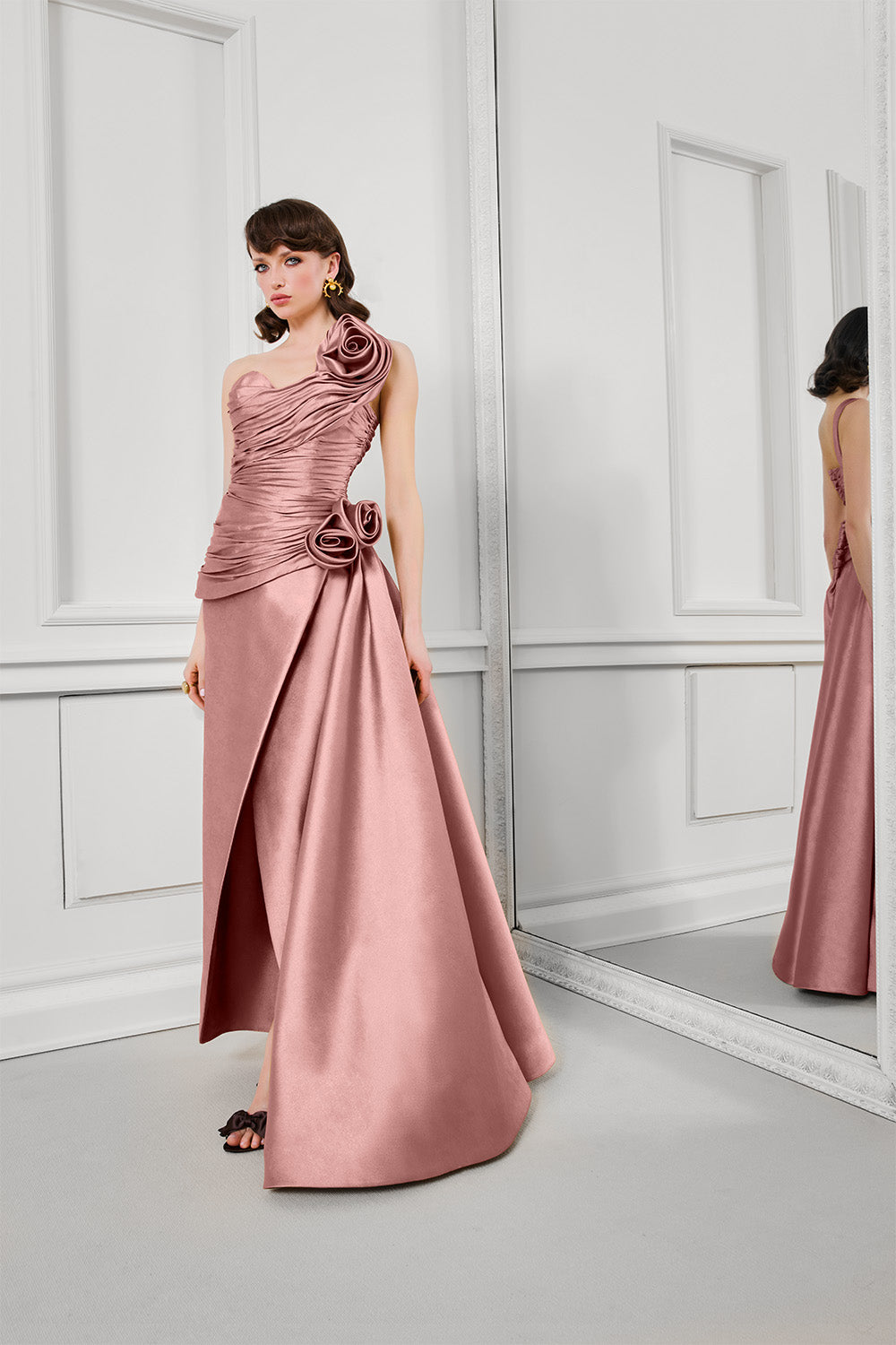 Fouad Sarkis F02923A Satin Column Wrap Gown with Side-Bustle & Rosettes