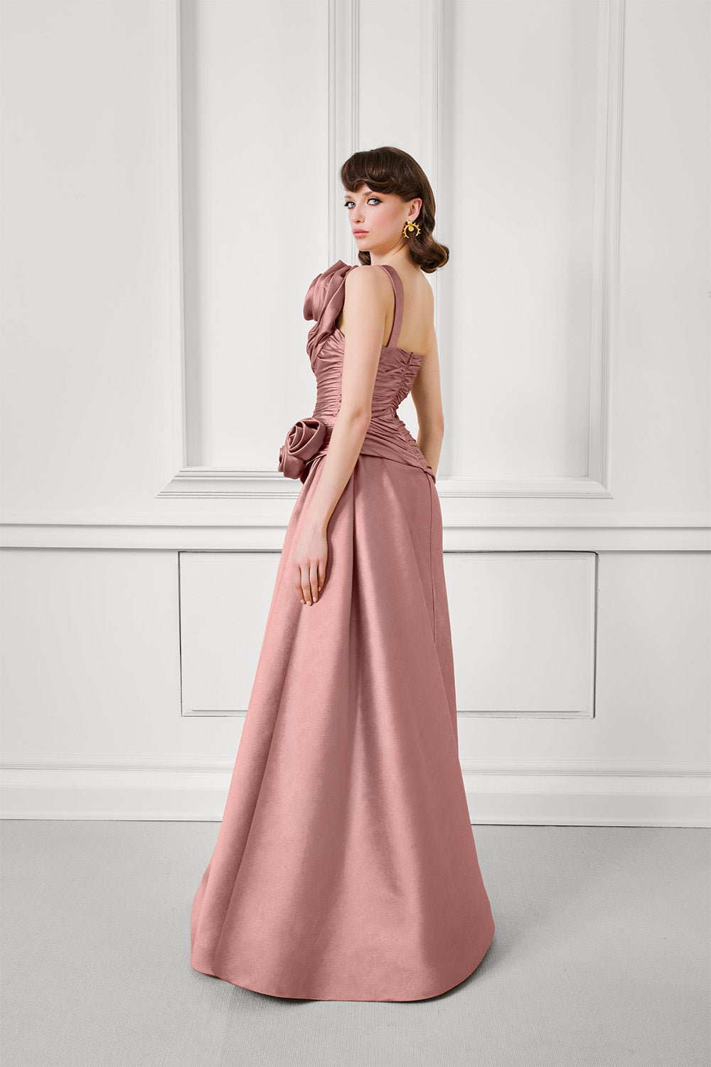 Fouad Sarkis F02923A Satin Column Wrap Gown with Side-Bustle & Rosettes
