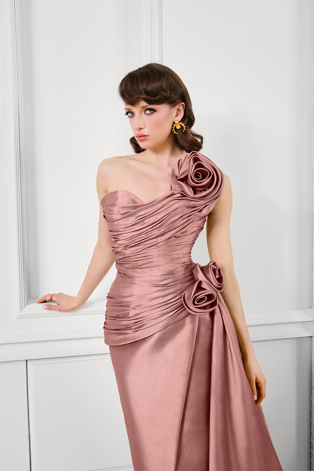 Fouad Sarkis F02923A Satin Column Wrap Gown with Side-Bustle & Rosettes