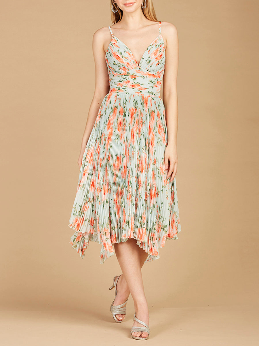 V-Neck Printed Midi Length Dress with Pleats 29243