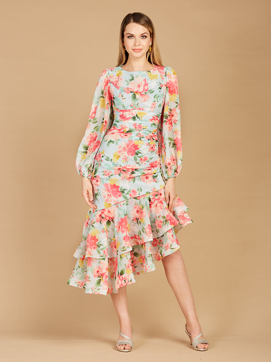High Neck, Lace Up, Long Sleeve Printed Midi Dress - OUTLET 29244
