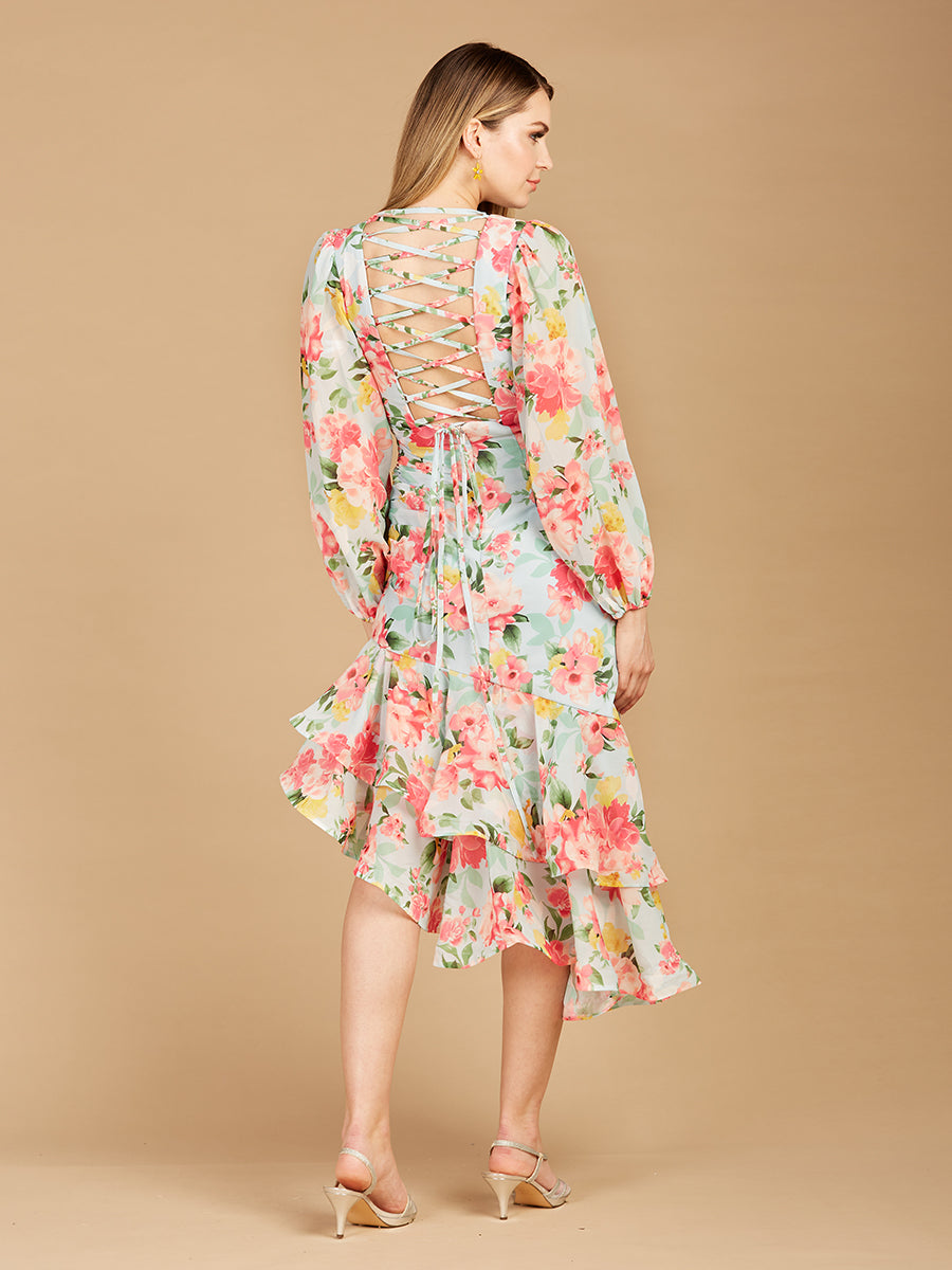 High Neck, Lace Up, Long Sleeve Printed Midi Dress